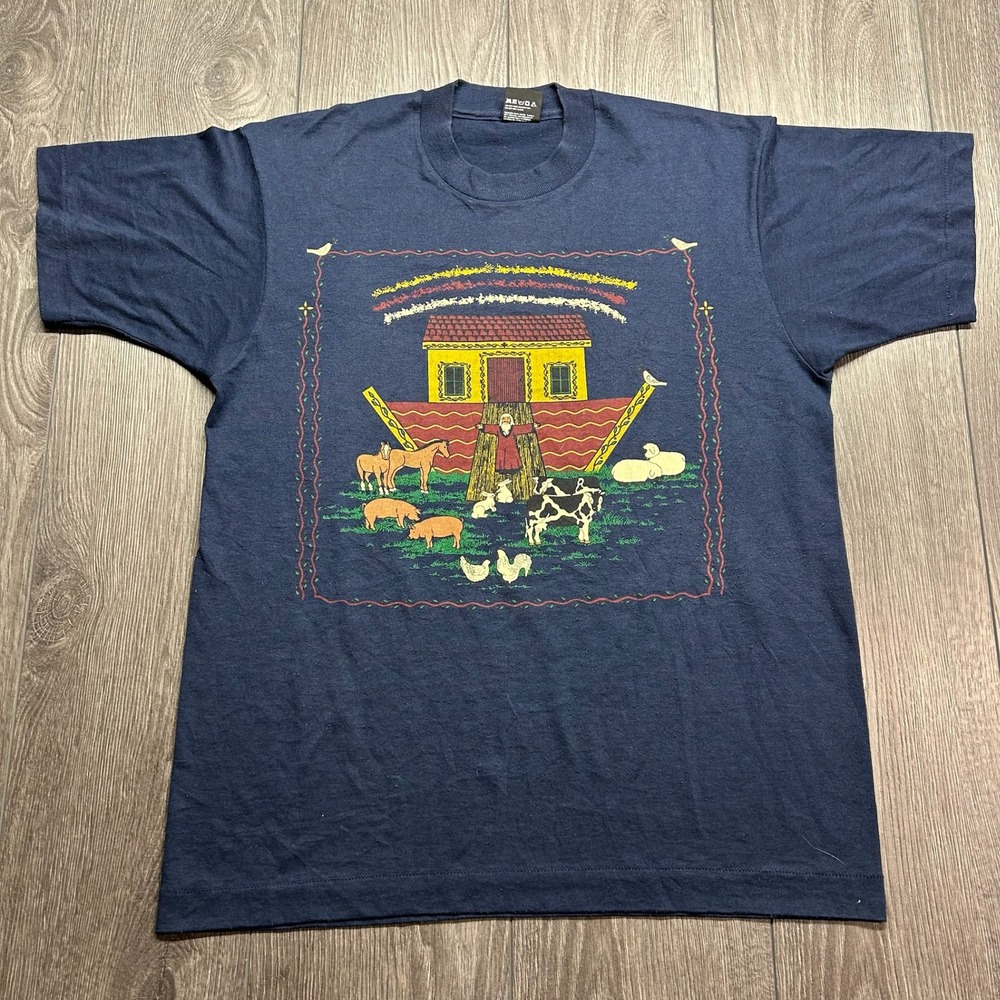 Vintage Best Noahs Ark Graphic T-Shirt Navy Blue Mens Large 80s 90s Screen Stars